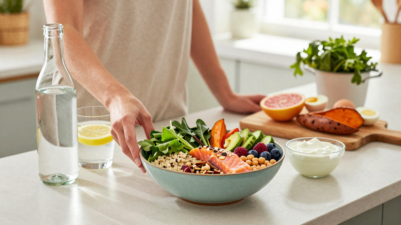 Pessoa segurando tigela com salada de salmão, grão-de-bico, verduras e frutas em bancada de cozinha clara.