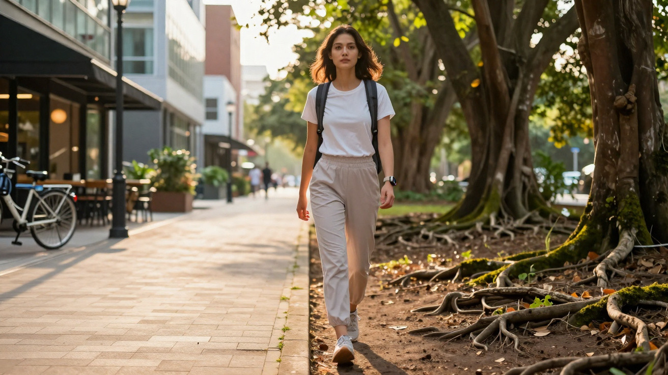 Mulher jovem caminhando com mochila em calçada urbana ao lado de árvores com raízes expostas ao pôr do sol.