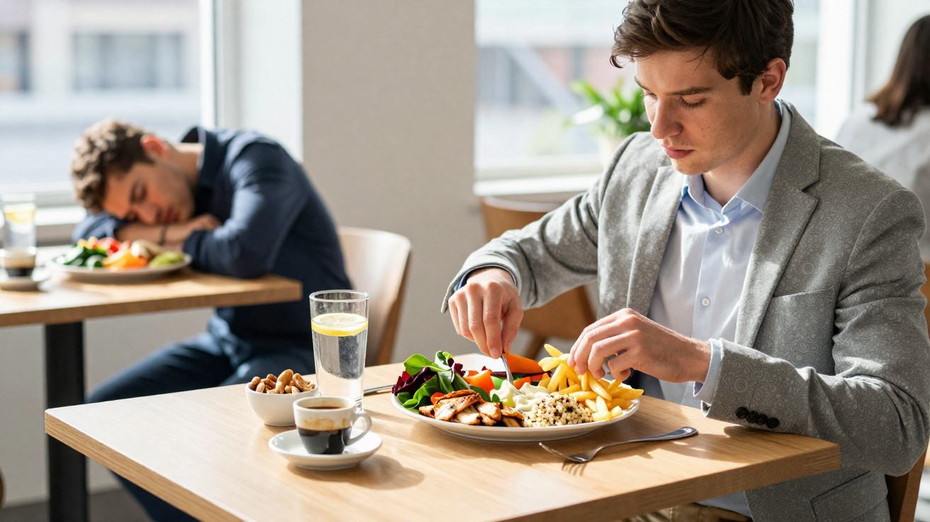 Homem de terno cinza almoçando salada, batata frita e arroz em restaurante com outra pessoa dormindo ao fundo.
