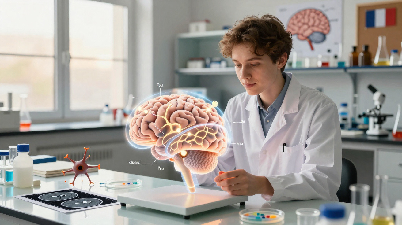 Cientista em laboratório analisando um modelo digital 3D do cérebro humano em uma mesa.