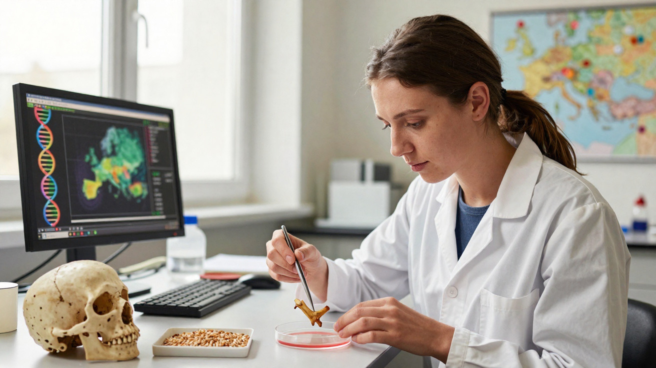 Cientista mulher analisando amostra de cogumelo em placa de Petri em laboratório com crânio humano e monitor ao fundo.