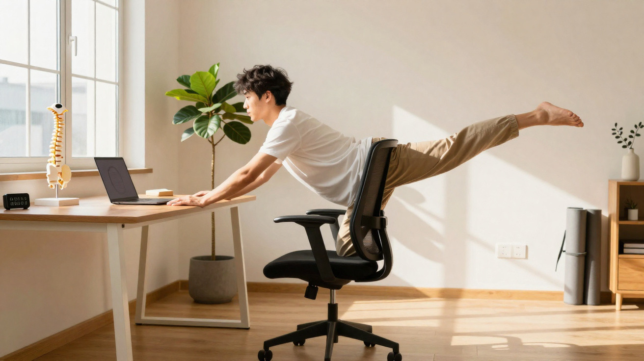 Homem fazendo exercício de alongamento sentado em cadeira de escritório perto de mesa com laptop.