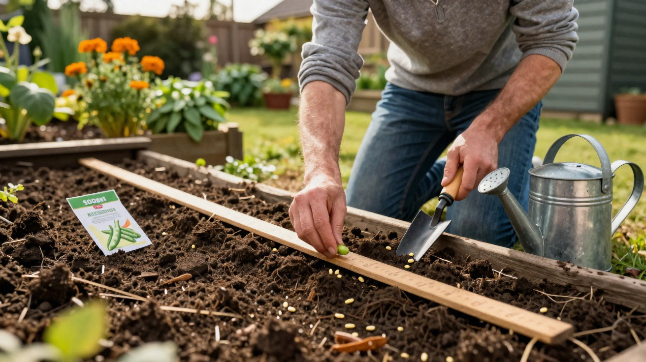 Pessoa plantando sementes em canteiro com regador e ferramenta de jardinagem em área externa.