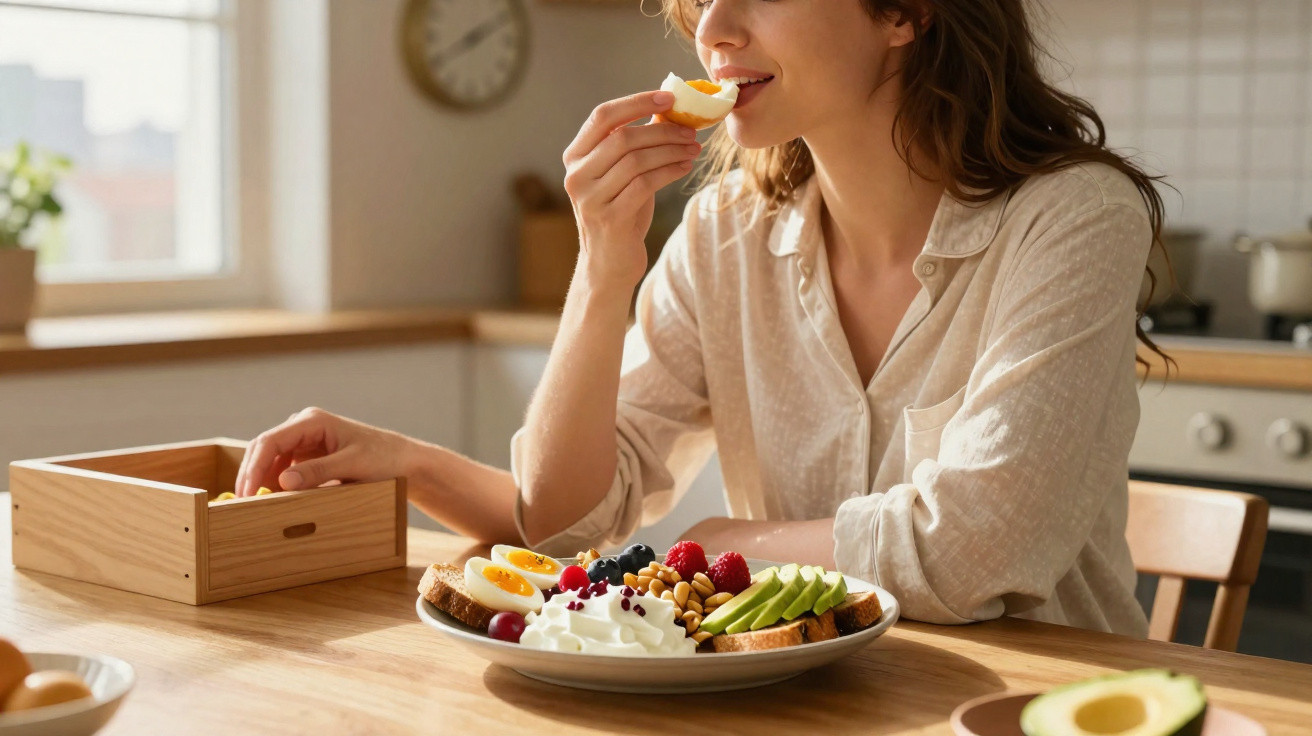 Mulher sorrindo comendo ovo cozido e frutas em prato na mesa de cozinha iluminada.