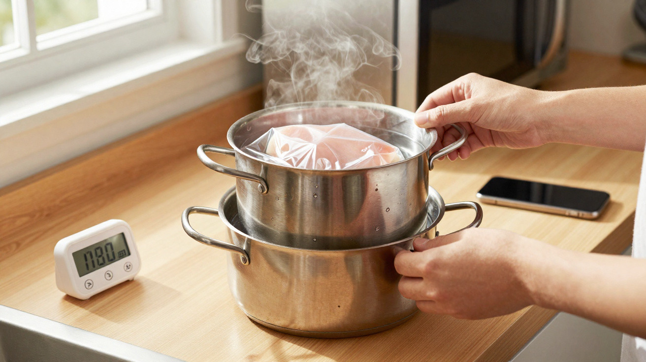Mãos colocando saco plástico com alimento em panela para cozimento a vapor em cozinha clara.