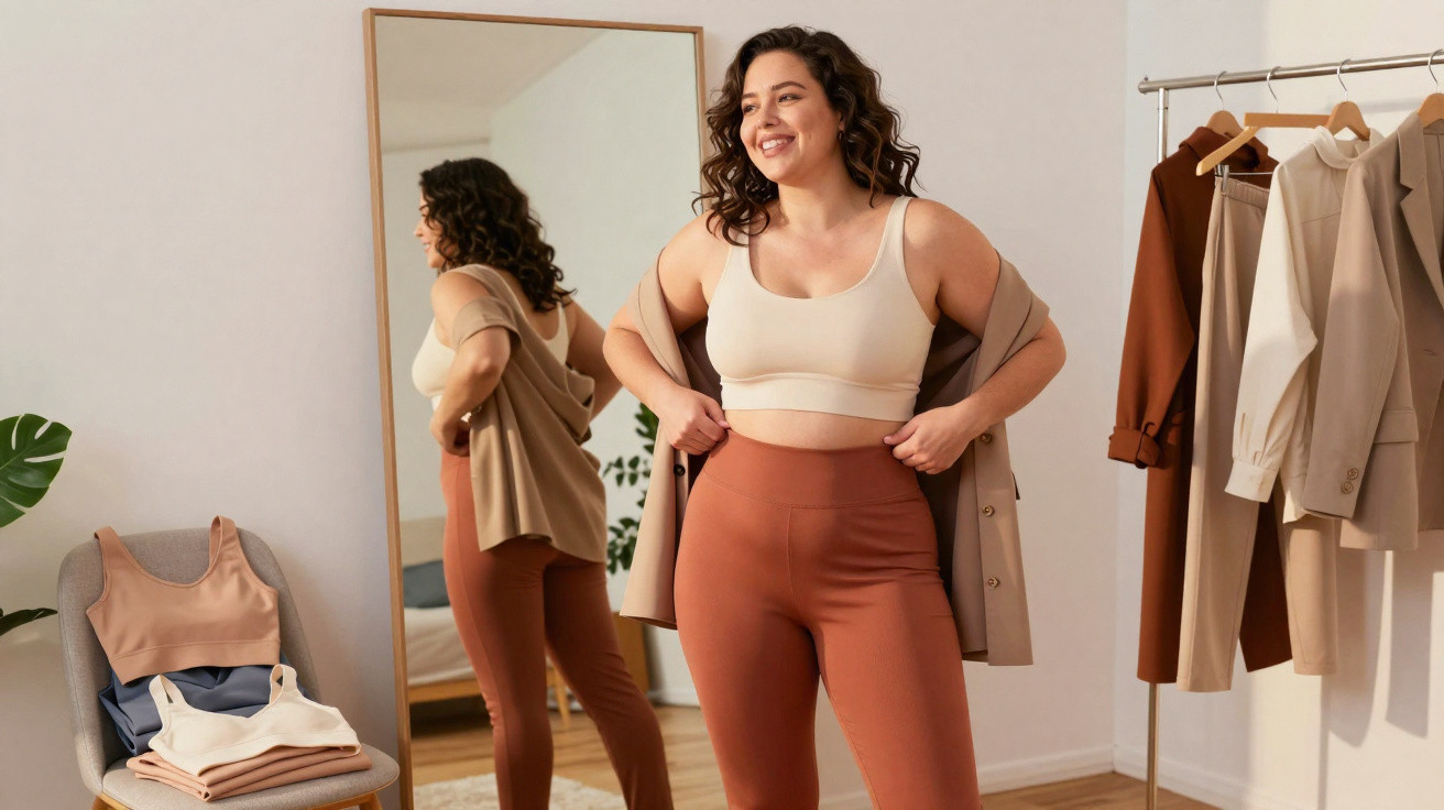 Mulher sorridente se veste em quarto com roupas neutras e espelho grande atrás dela.
