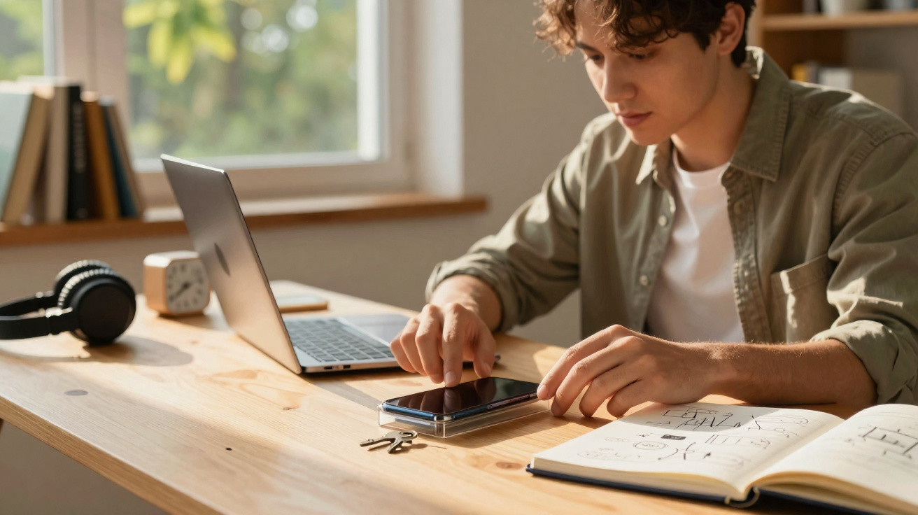 Jovem sentado à mesa com laptop, celular e caderno aberto, em ambiente iluminado por luz natural.