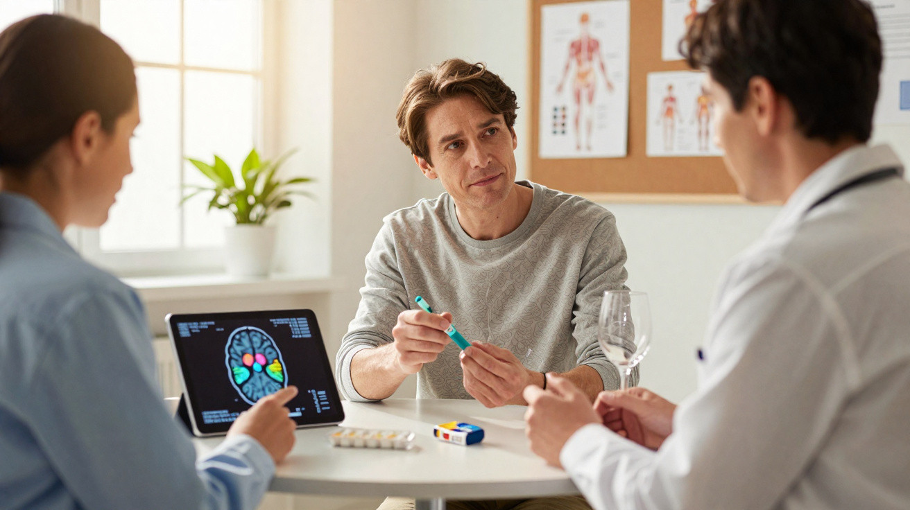 Homem em consulta médica com dois profissionais discutindo exame cerebral em tablet.