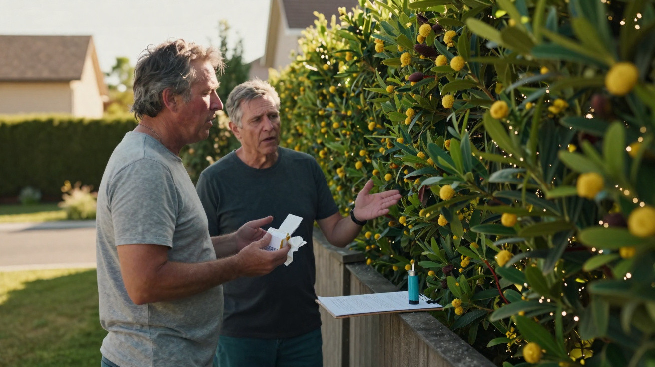 Dois homens conversam em frente a uma cerca com plantas floridas amarelas ao entardecer.