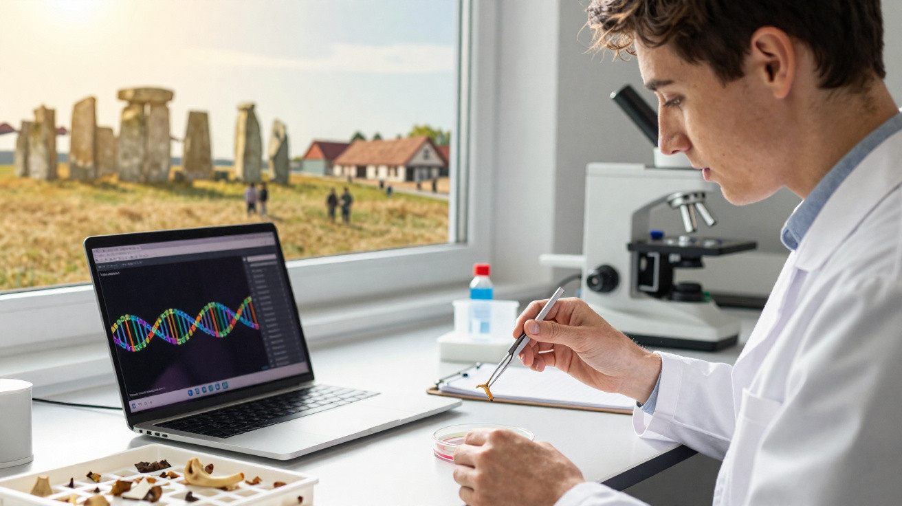 Jovem cientista em laboratório com microscópio, analisando amostra, computador com DNA e Stonehenge ao fundo.
