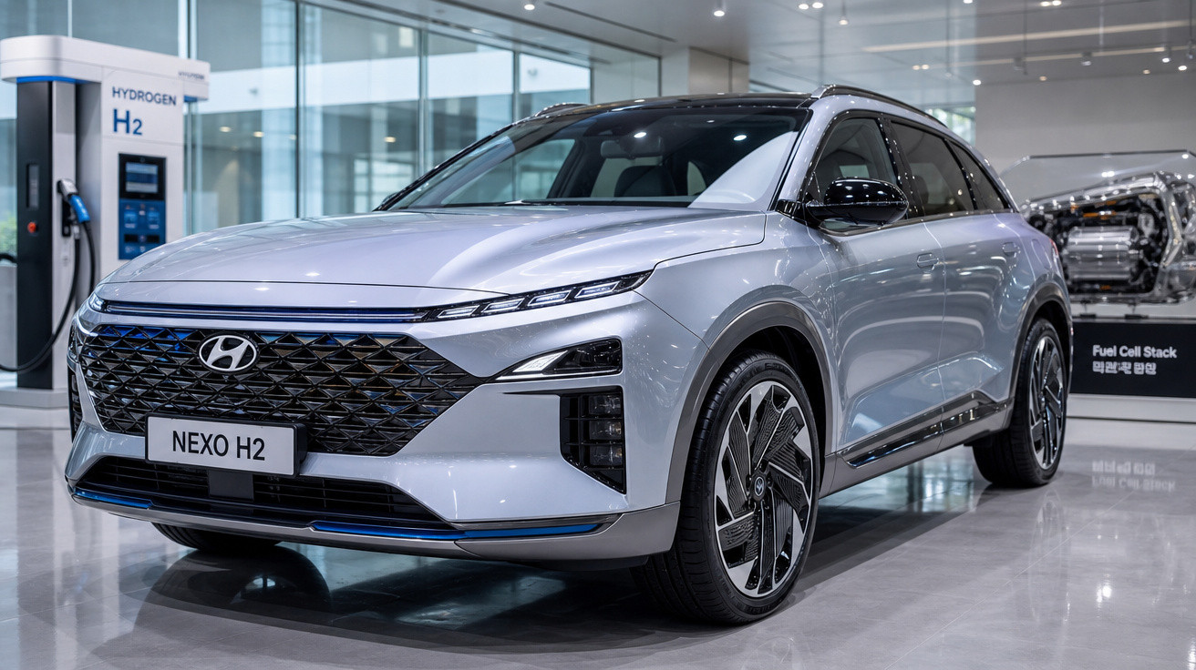 Carro Hyundai Nexo H2 prateado exposto em showroom moderno com estação de hidrogênio ao fundo.