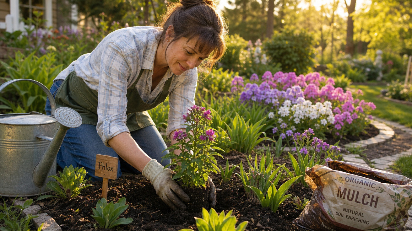 Mulher plantando flores em jardim ensolarado, com regador e saco de mulch ao lado.