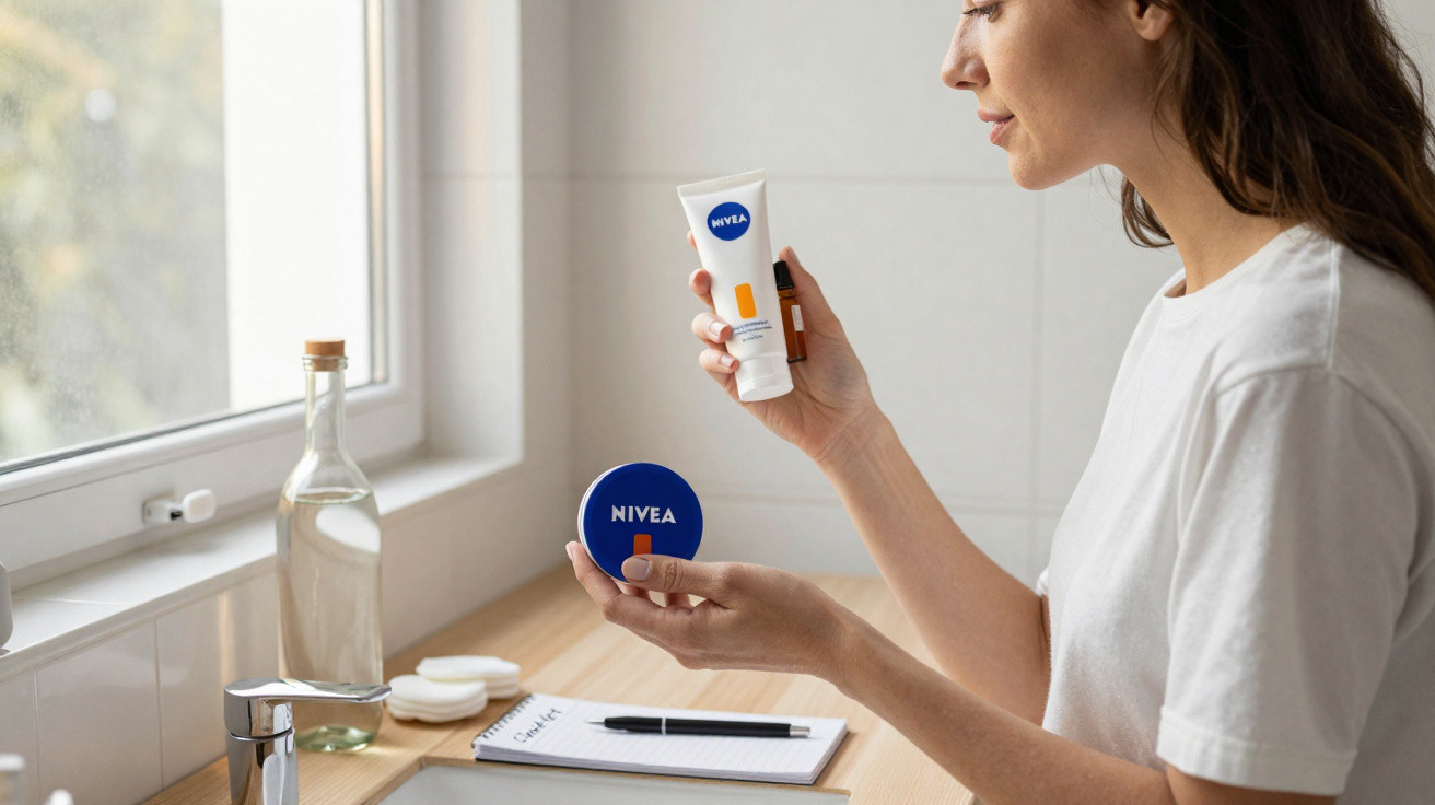 Mulher segurando creme facial Nivea perto de janela em banheiro iluminado, com caderno e garrafa sobre a pia.