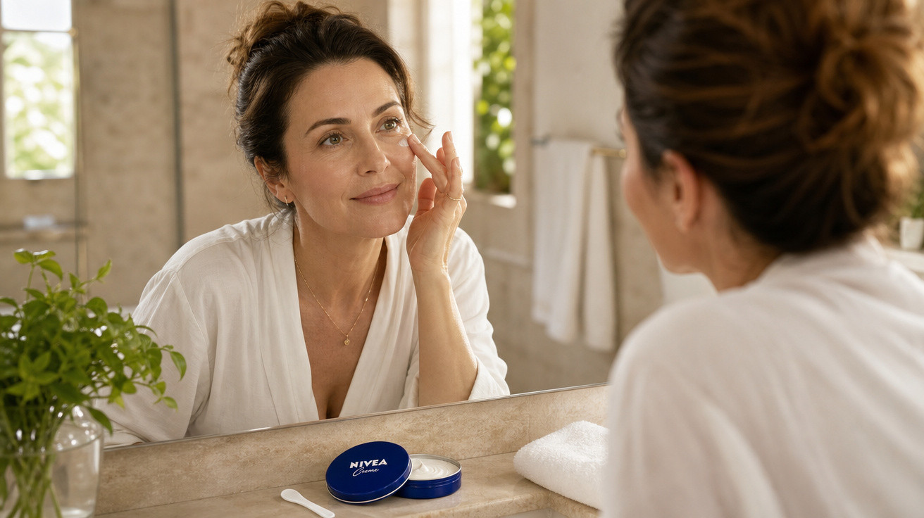 Mulher aplicando creme facial Nivea no rosto em frente ao espelho no banheiro.