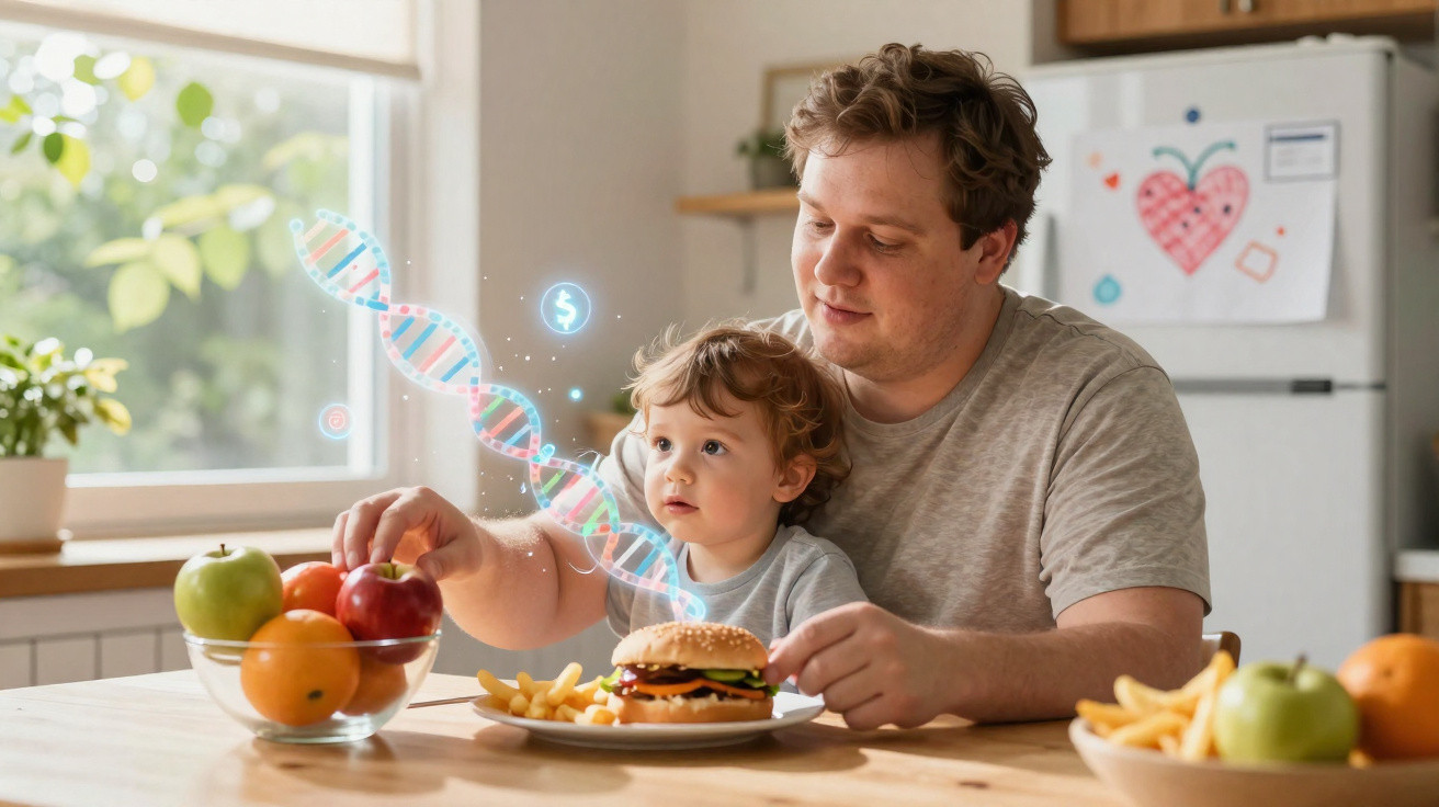 Pai e filho sentados à mesa com hambúrguer e frutas, DNA digitalizado flutuando entre eles.
