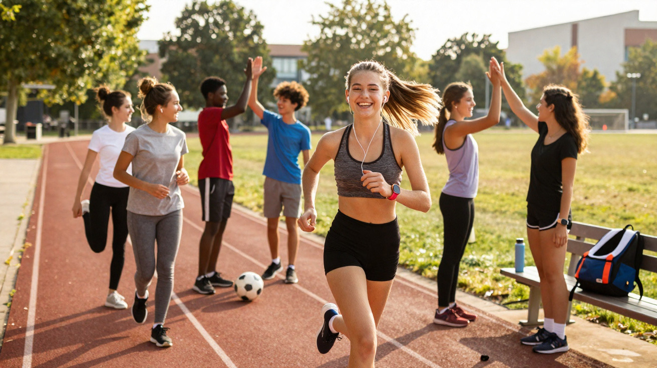 Jovens em roupas esportivas correndo e se cumprimentando em pista de atletismo ao ar livre durante o dia.