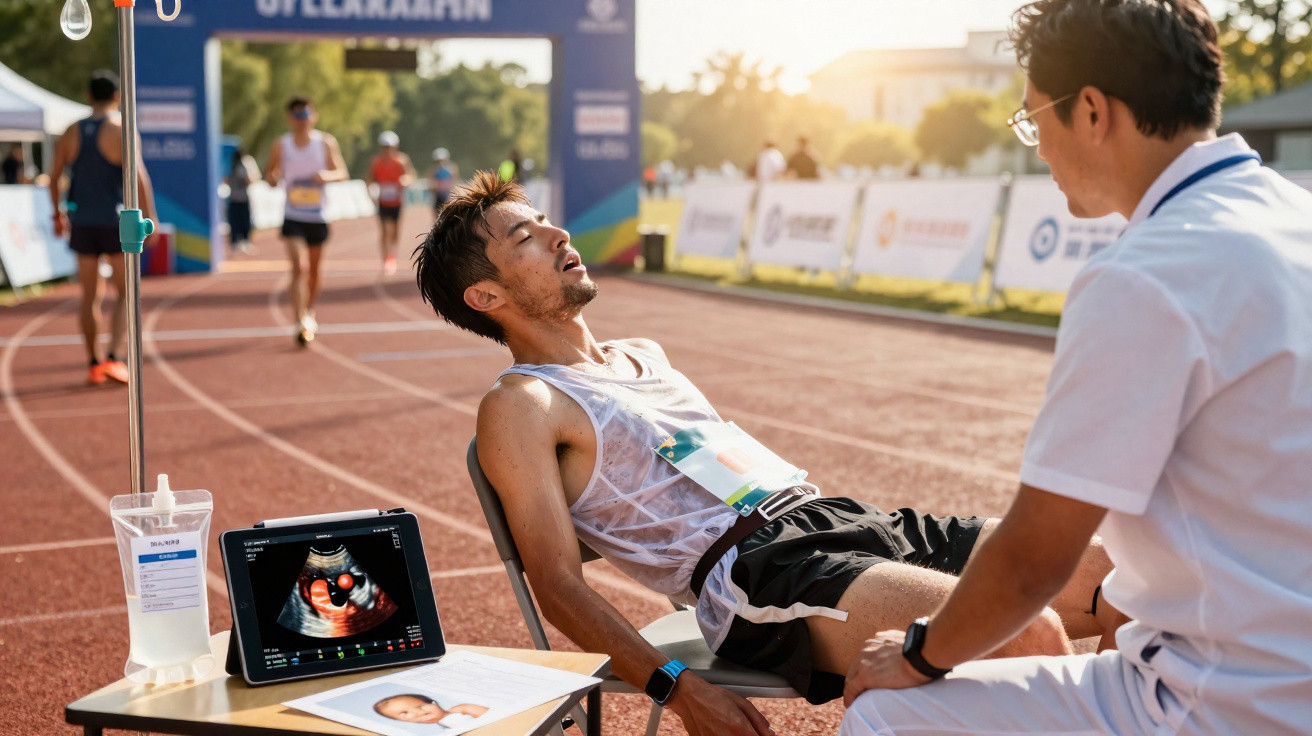 Atleta exausto sentado em cadeira na pista, sendo examinado por médico durante competição ao ar livre.