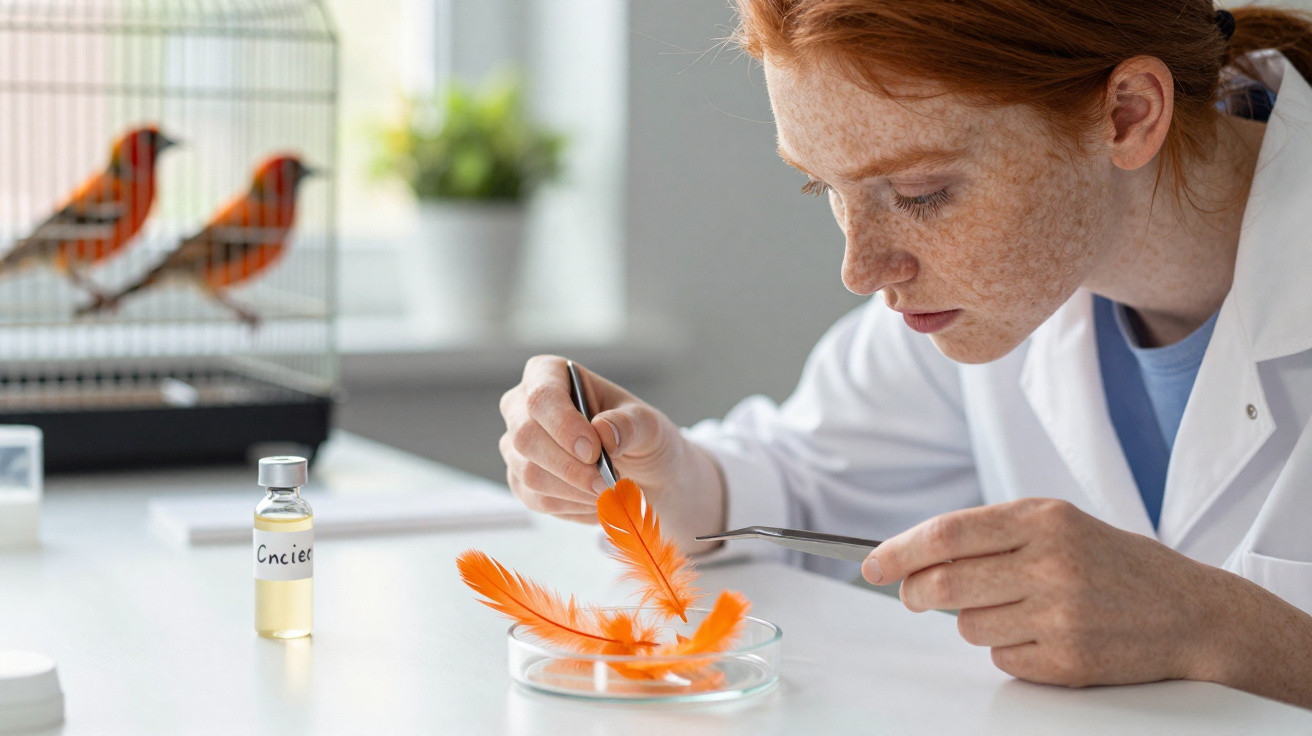 Mulher cientista analisa penas laranja em placa de petri com pássaros ao fundo em laboratório.