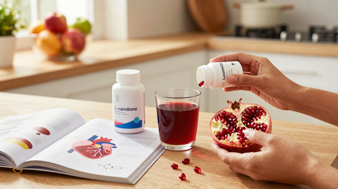 Mãos seguram romã e frascos de suplemento L-carnitine ao lado de copo com suco vermelho e livro aberto sobre coração.