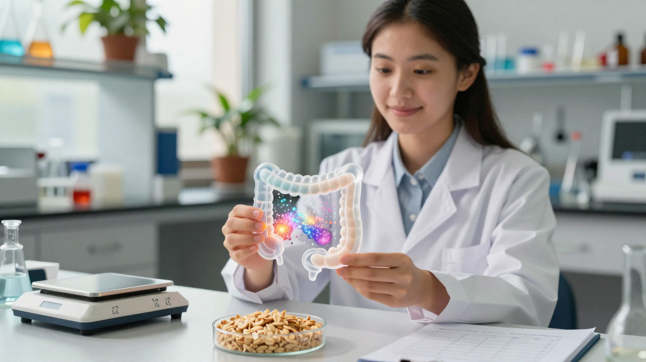 Mulher cientista com jaleco segurando modelo transparente de intestino colorido em laboratório.