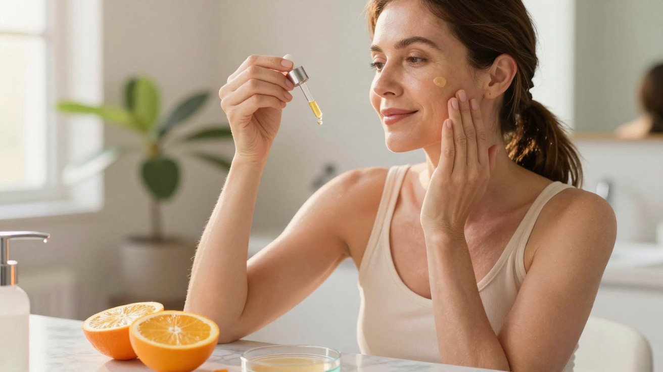 Mulher aplicando sérum facial com conta-gotas, ao lado de laranja cortada em bancada iluminada.