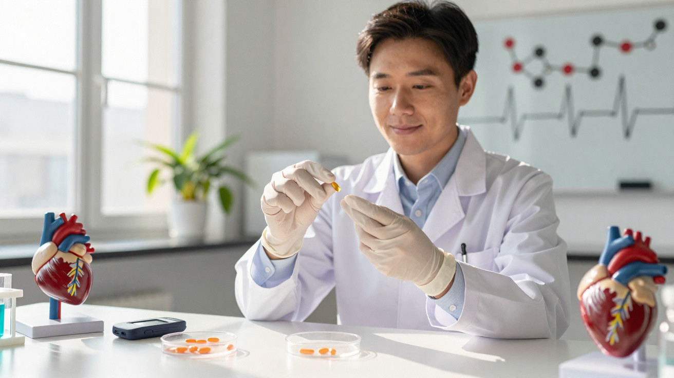 Cientista com jaleco branco analisando cápsula laranja em laboratório com modelos de coração ao redor.