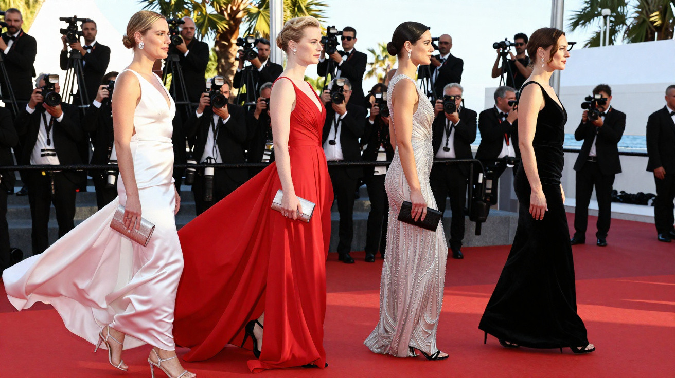 Quatro mulheres elegantes com vestidos longos passeiam em tapete vermelho, seguidas por fotógrafos.