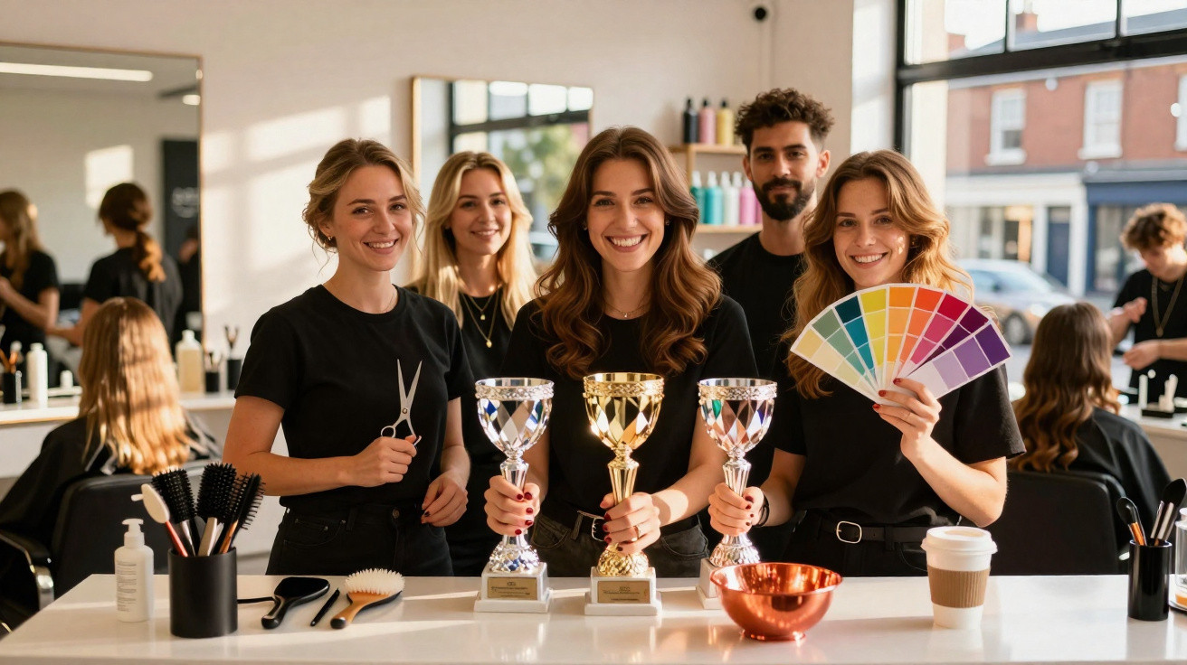 Equipe de cabeleireiros com troféus e amostras de cores em salão iluminado pela luz natural.
