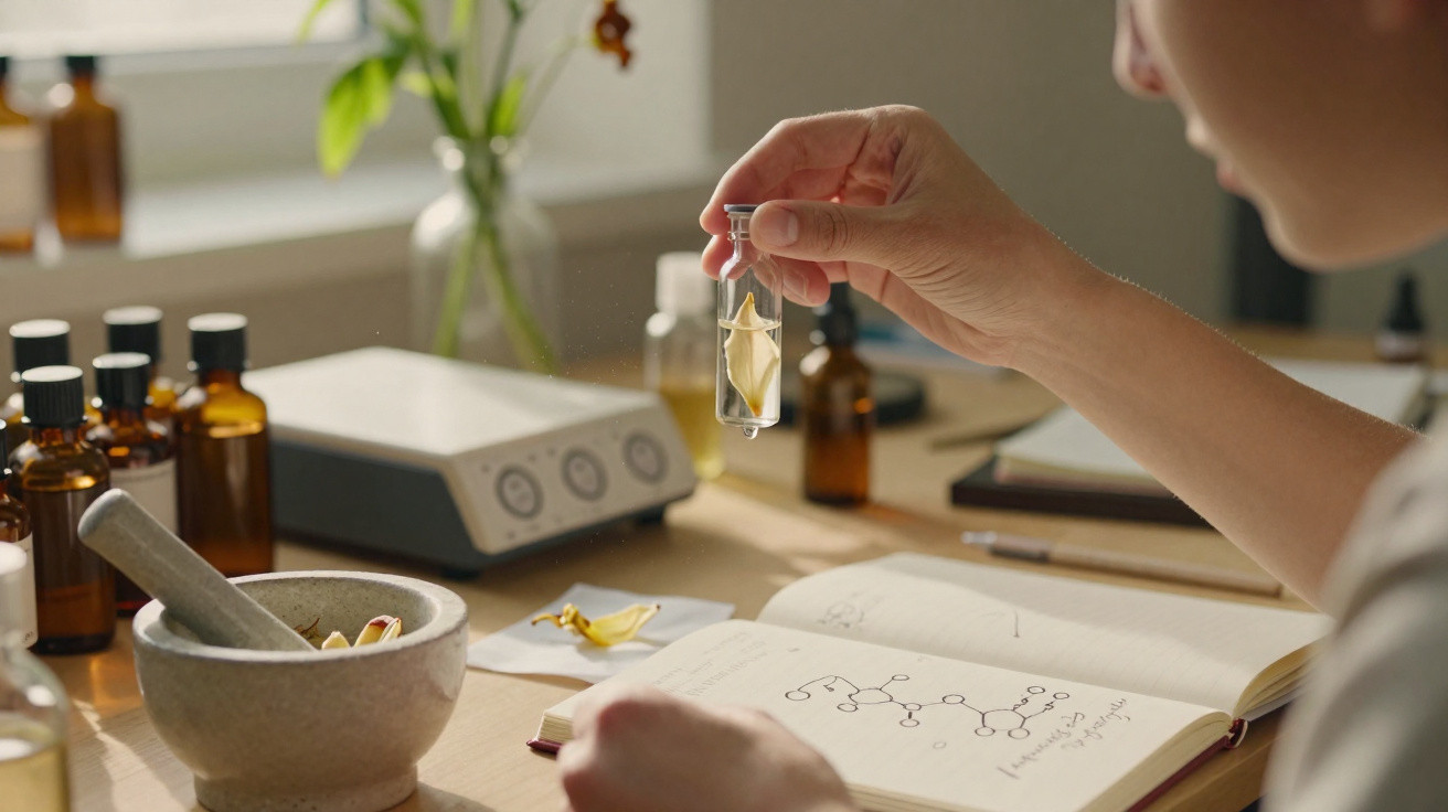 Pessoa segurando frasco com flor em laboratório com frascos, almofariz e caderno de anotações.