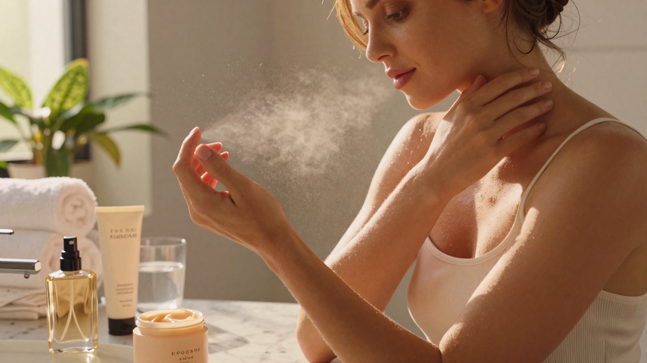 Mulher aplicando perfume no pulso em ambiente iluminado com produtos de cuidado sobre bancada.