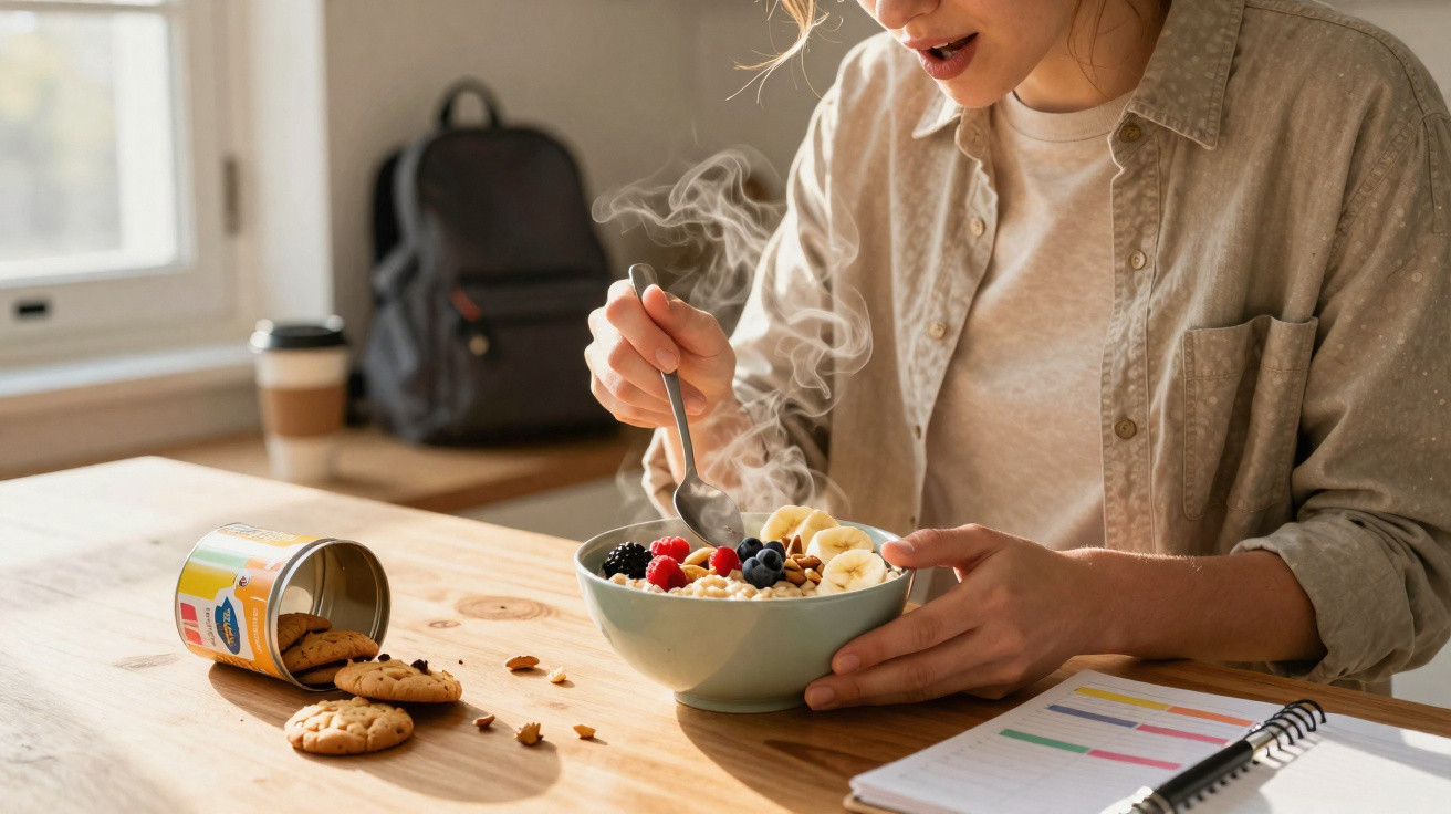Mulher segurando tigela de mingau quente com frutas e castanhas, sentada à mesa com biscoitos e caderno.