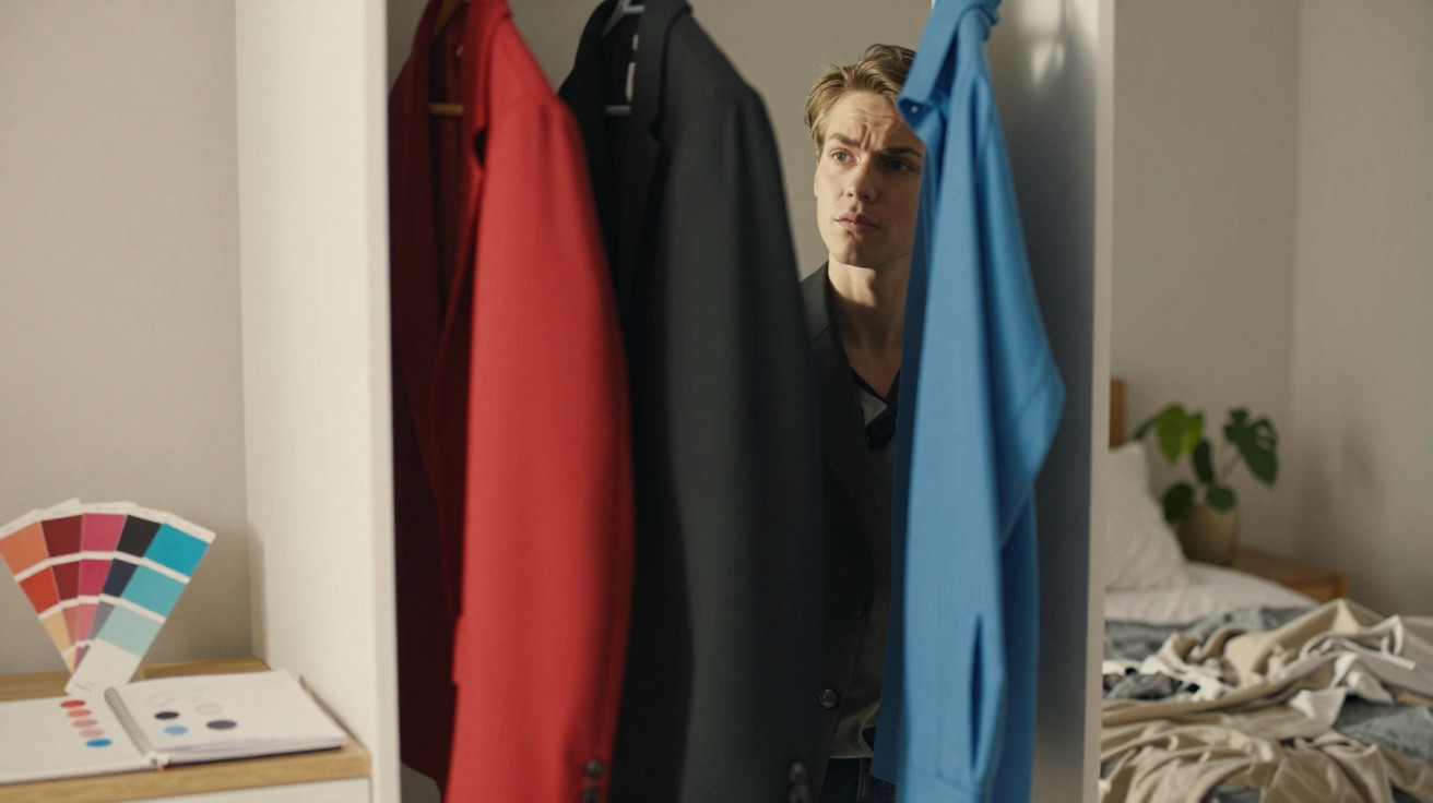 Homem olhando para roupas penduradas entre tons vermelho, preto e azul em um quarto desorganizado.