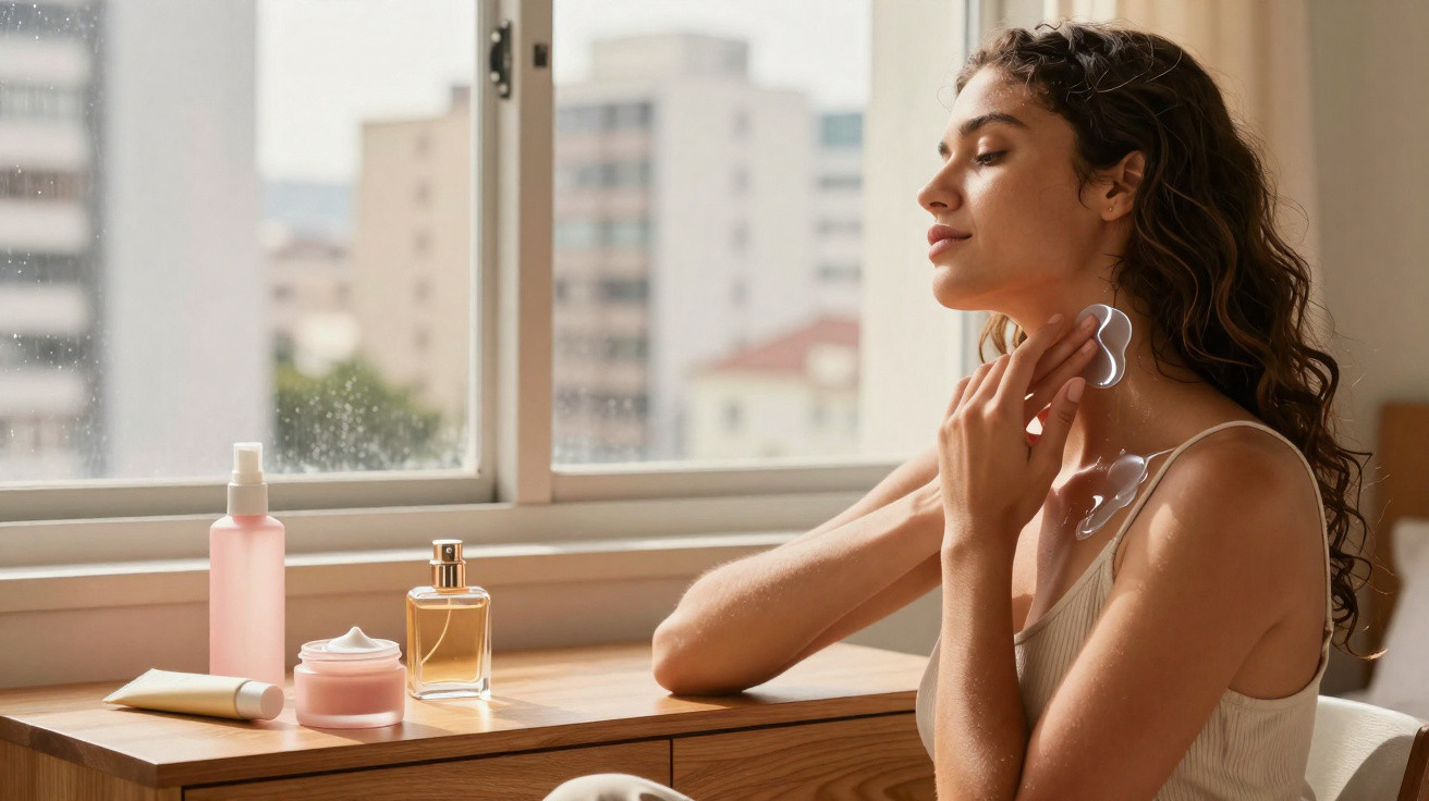 Mulher aplicando massageador facial de cristal ao lado de produtos de skincare em ambiente iluminado natural.