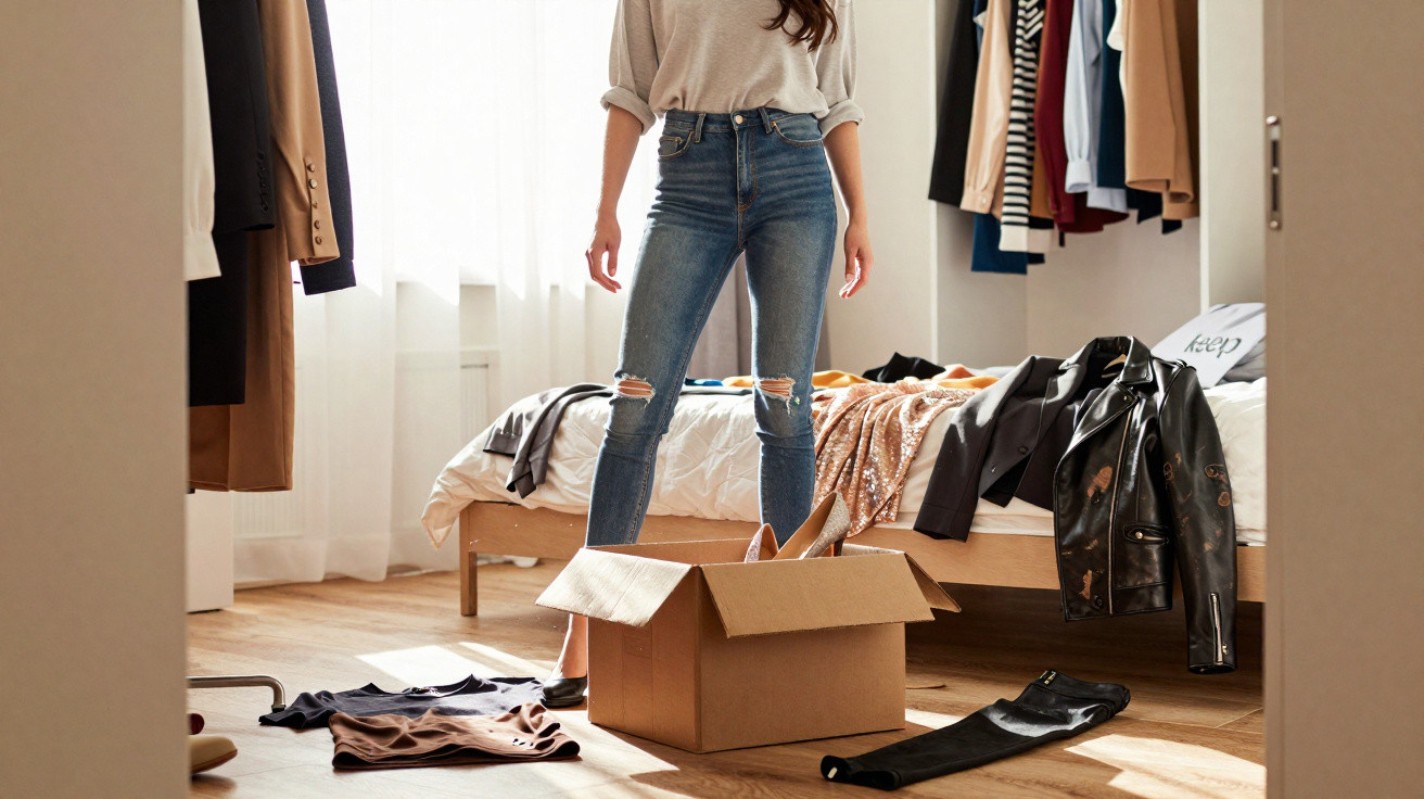 Mulher em jeans rasgado organiza roupas em caixa de papelão em quarto iluminado e desarrumado.