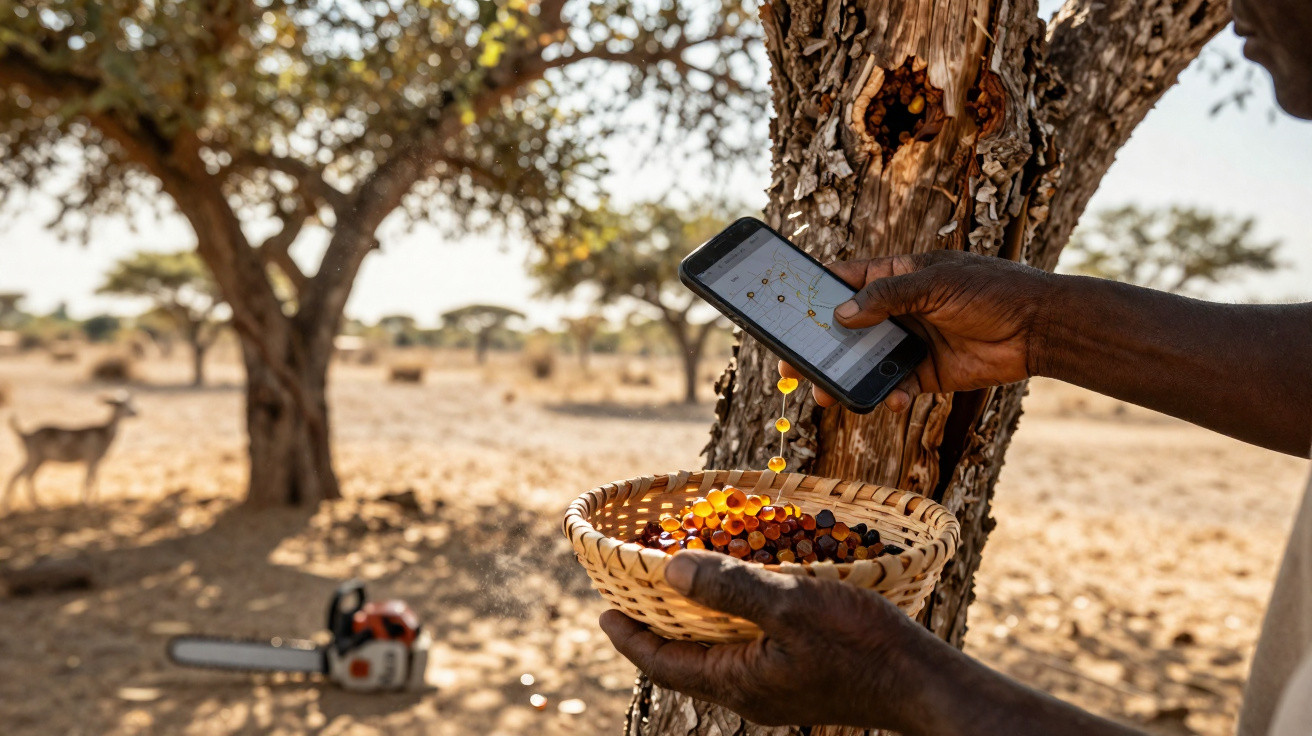 Mãos segurando cesta e celular com mapa, gotas caindo de árvore no campo seco com motosserra no chão.
