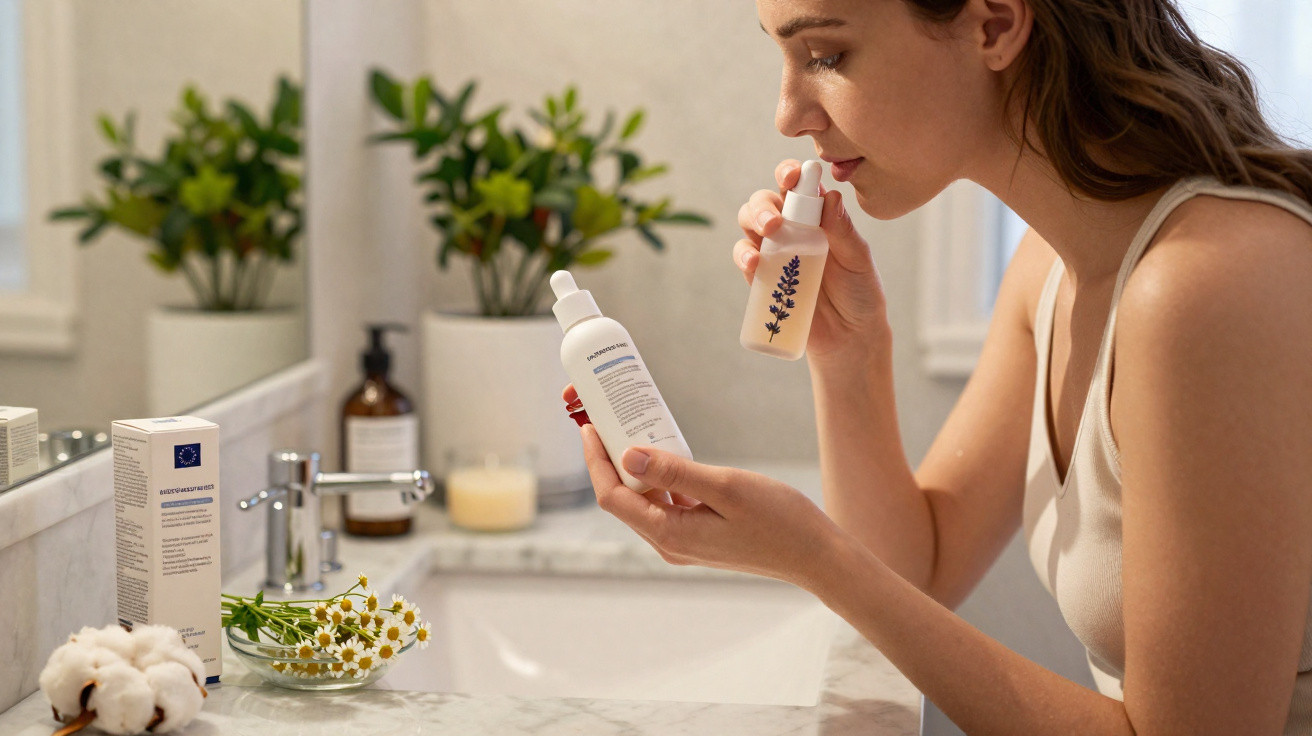 Mulher cheirando frasco de cosmético em banheiro com plantas e flores ao redor.
