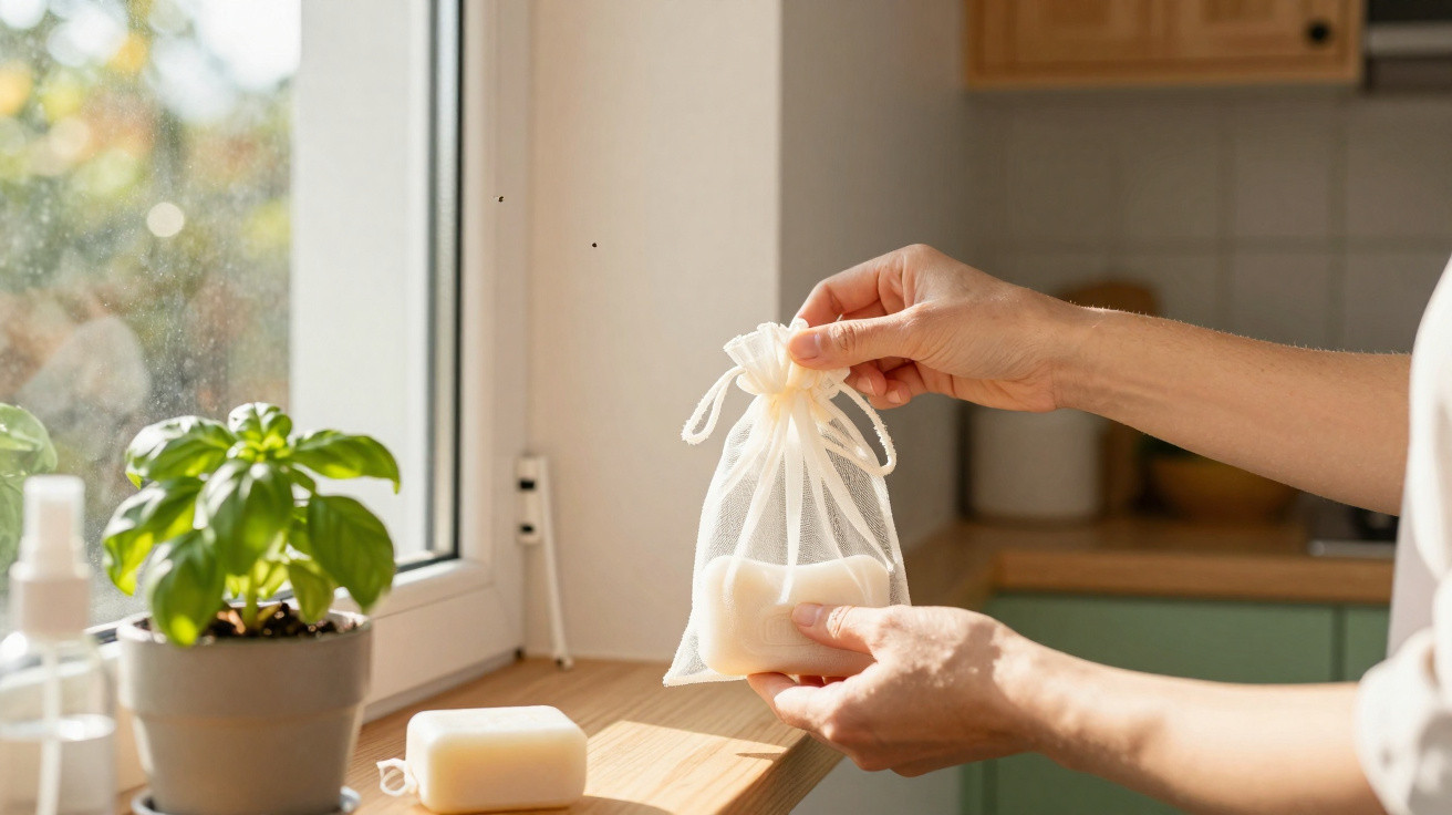 Mãos segurando sabonete branco em saquinho de tecido na cozinha com planta ao lado da janela.