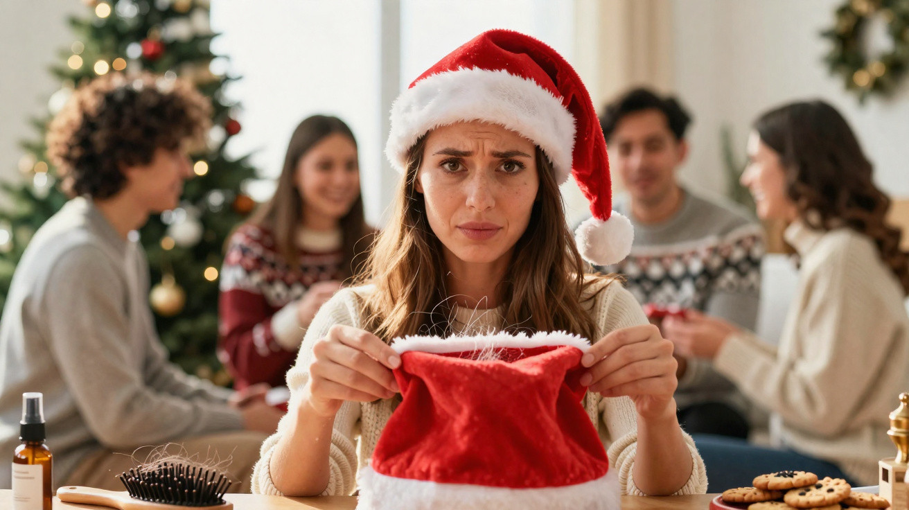 Mulher triste de chapéu de Natal com grupo sorridente ao fundo perto de árvore decorada.
