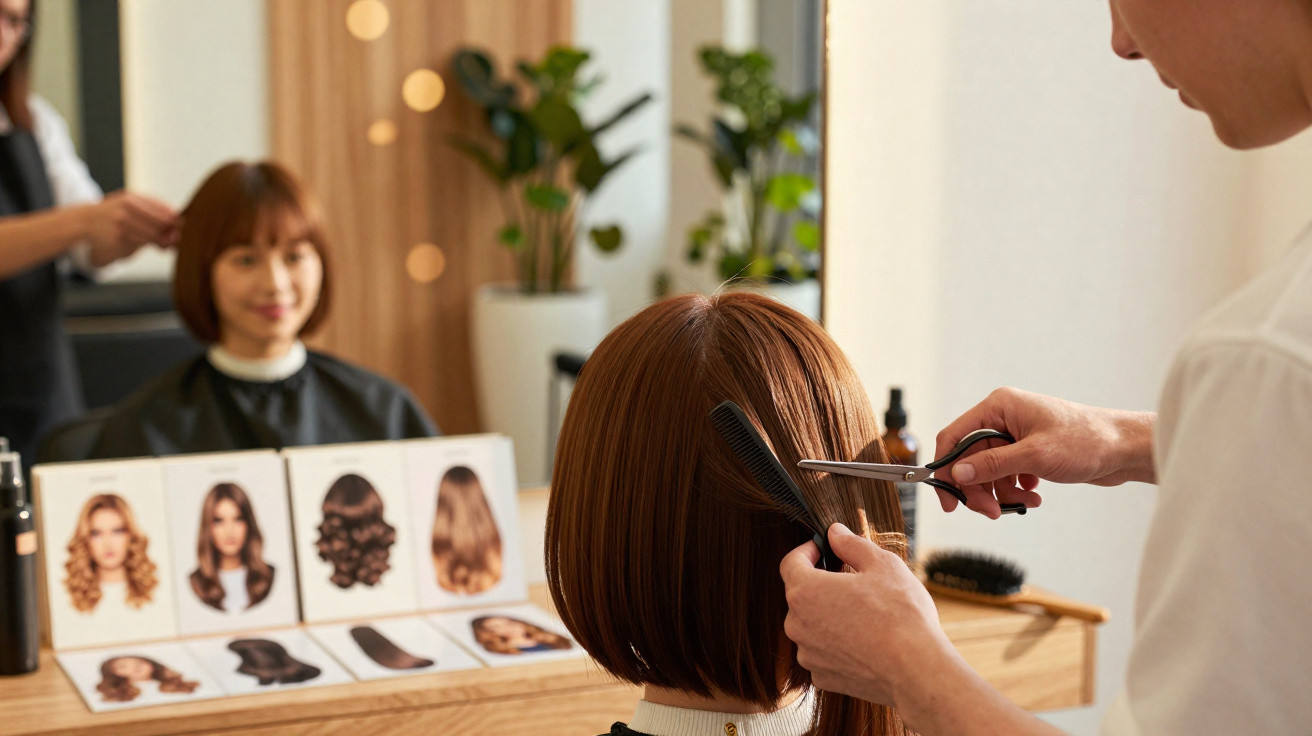 Cliente com cabelo ruivo curto sentado em salão de beleza enquanto cabeleireiro corta seu cabelo.