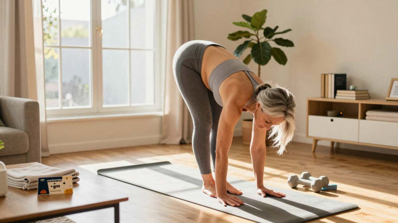 Mulher praticando yoga em casa, fazendo alongamento, em um ambiente iluminado e organizado.
