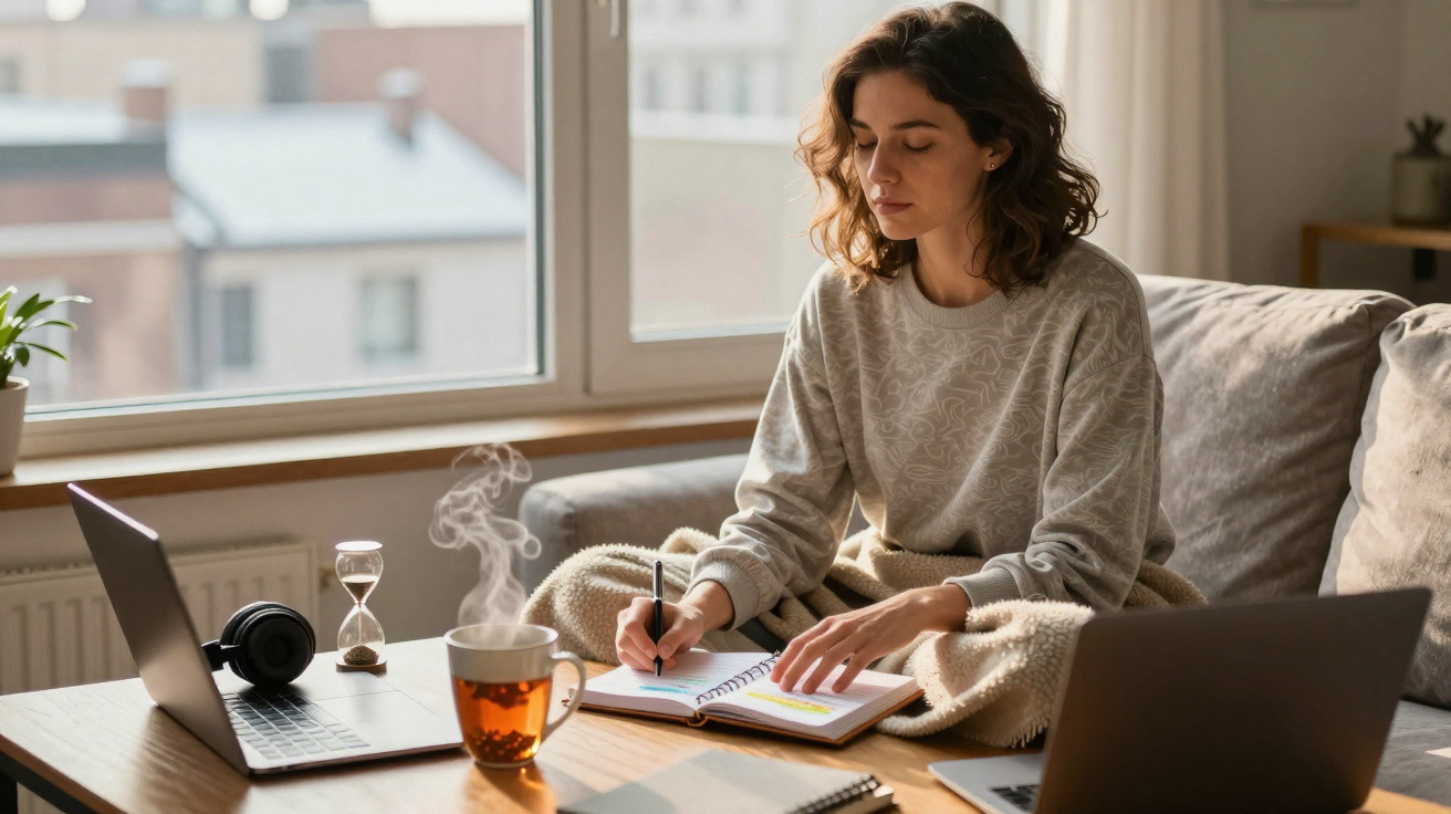 Mulher jovem sentada no sofá escrevendo em caderno com laptops e xícara de chá na mesa à sua frente.