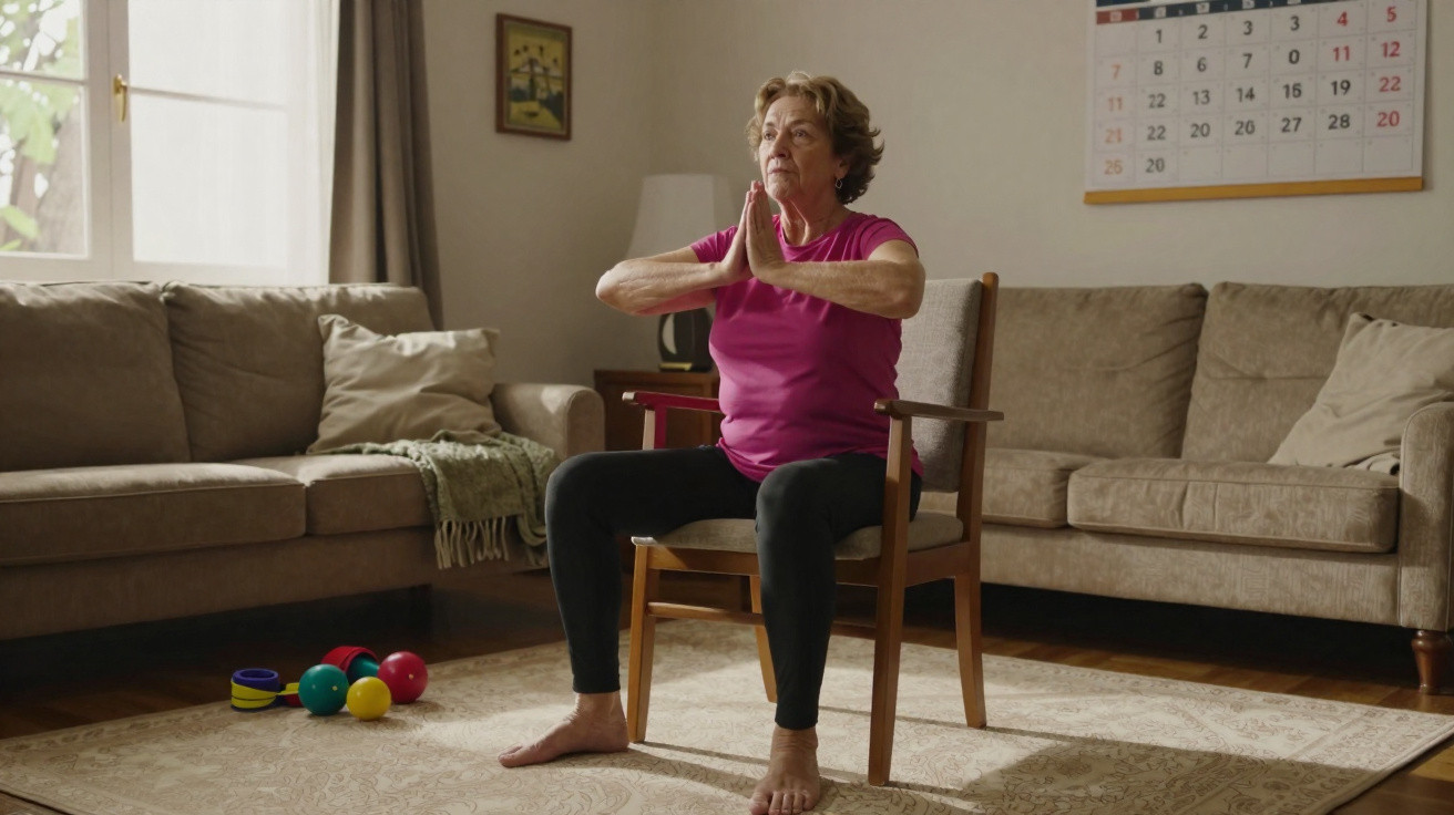 Mulher idosa fazendo exercício de yoga sentada em cadeira na sala de casa.