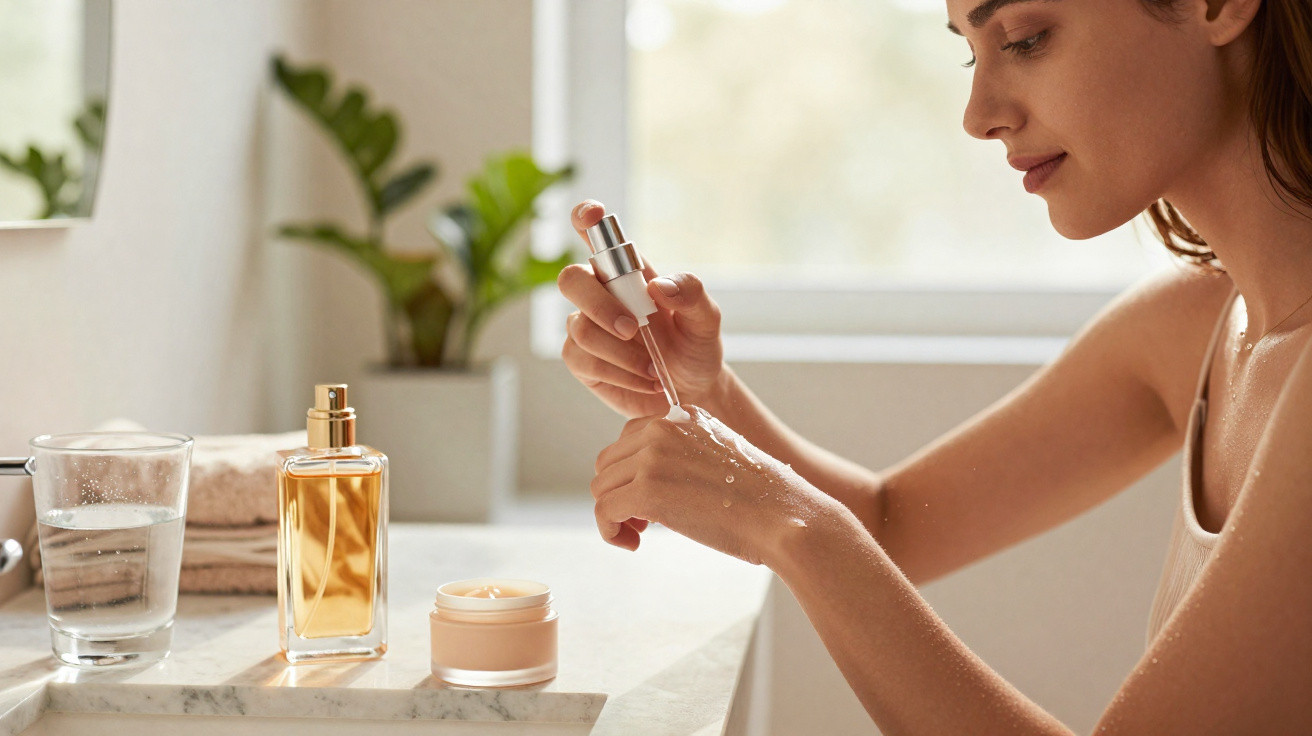 Mulher aplicando sérum facial com conta-gotas em mão em banheiro com produtos ao lado.
