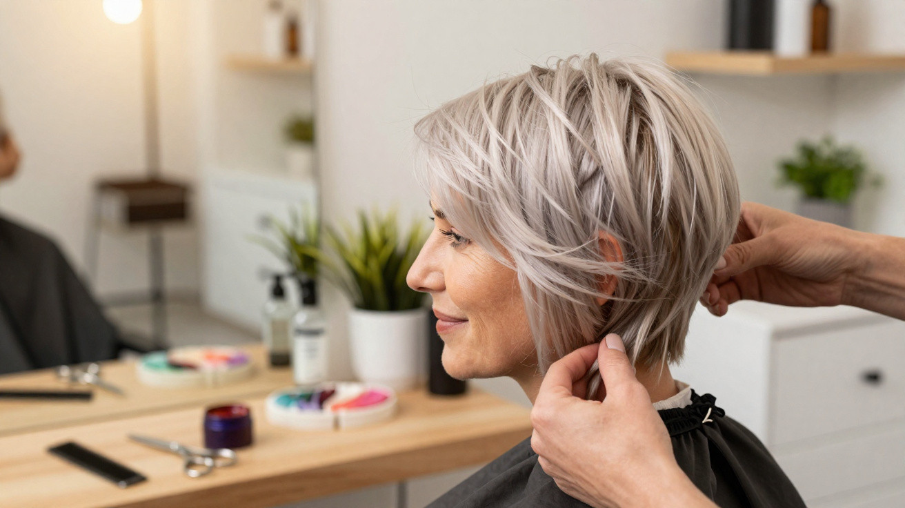 Mulher loira de cabelo curto sendo arrumada por cabeleireiro em salão de beleza moderno.