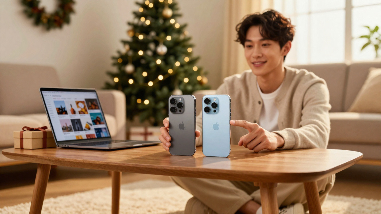 Jovem sentado no chão mostra dois iPhones sobre mesa de madeira com laptop e árvore de Natal ao fundo.