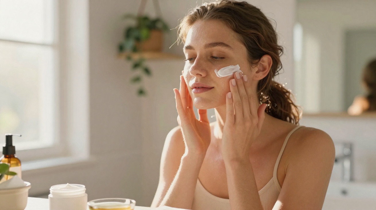 Mulher aplicando creme facial com plantas e frascos de cosméticos em ambiente iluminado.