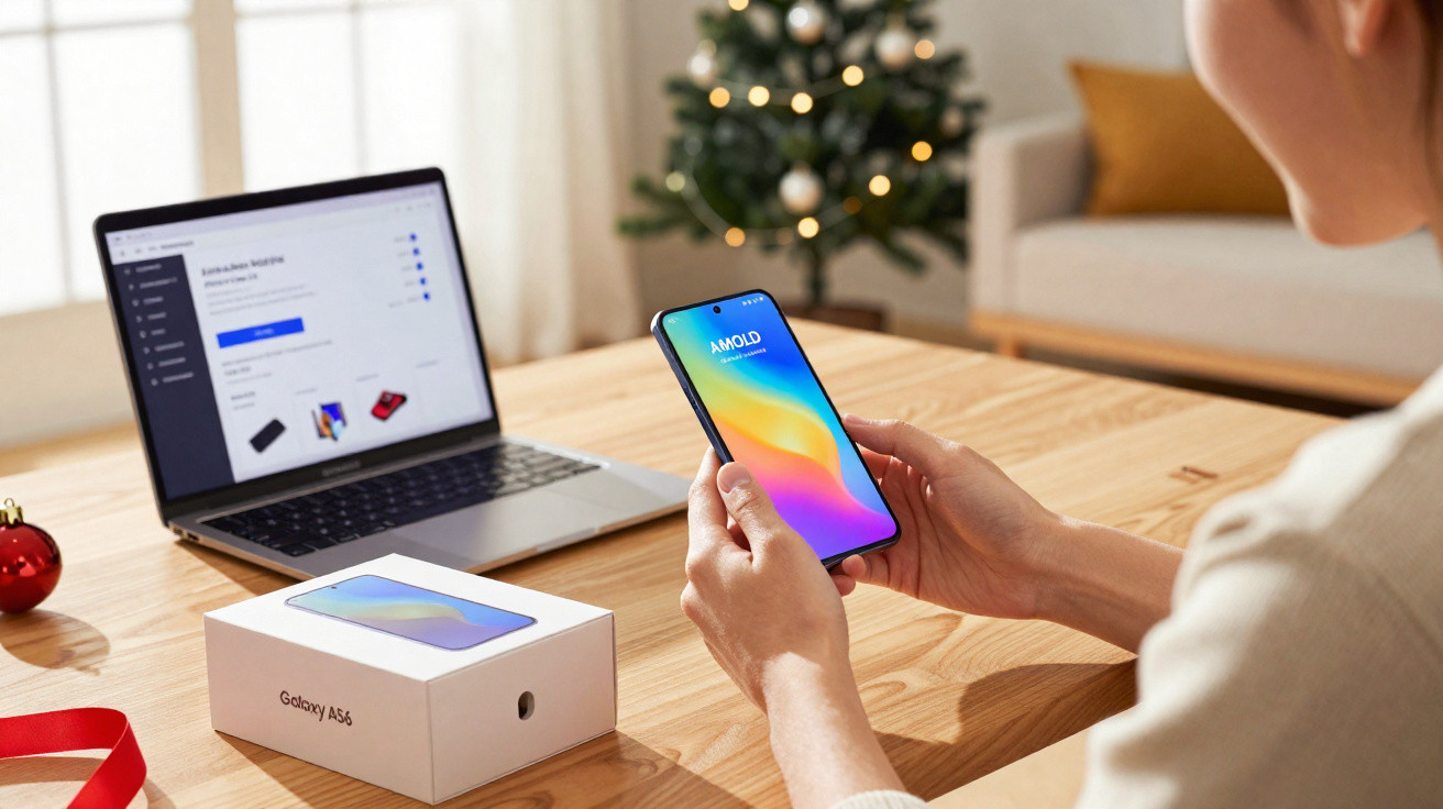 Pessoa segurando smartphone Samsung Galaxy A56 com caixa ao lado e notebook aberto em mesa de madeira.