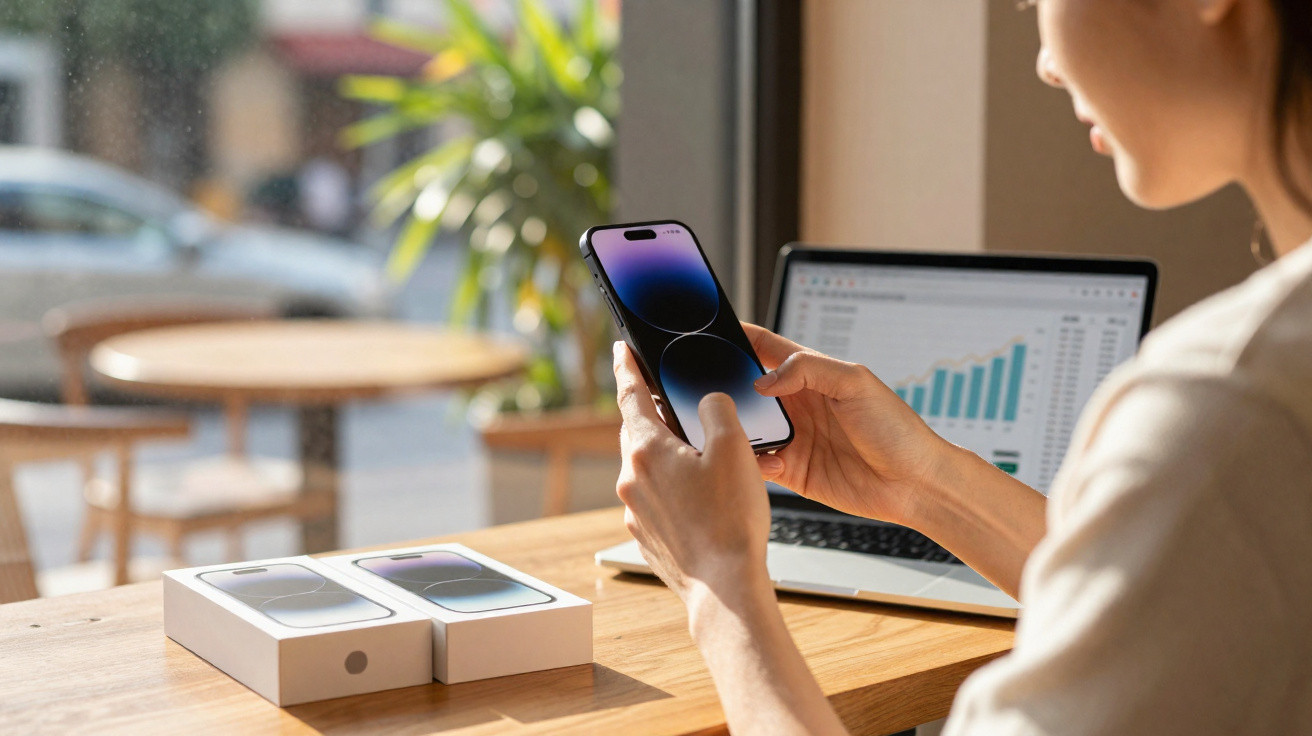 Pessoa segurando smartphone novo com caixa na mesa, ao lado de laptop com gráfico financeiro na tela.