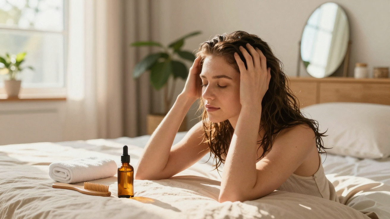 Mulher com cabelos molhados aplicando produto capilar em frasco âmbar sobre a cama clara.