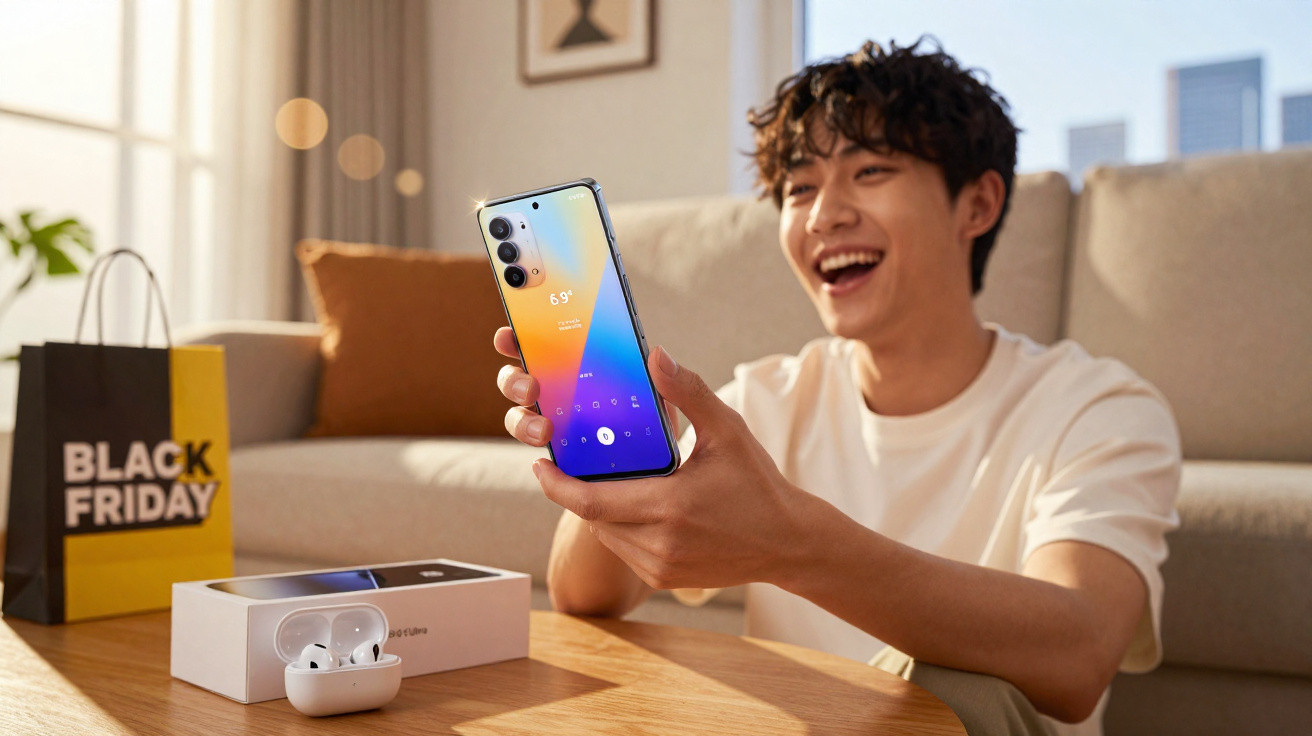 Jovem sorrindo mostra smartphone novo sentado em sala com sacola Black Friday e fones de ouvido na mesa.